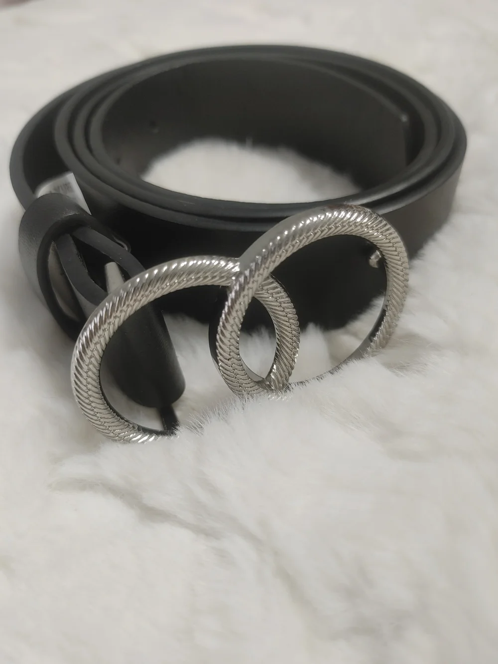BKE Black Leather Belt with Textured Silver Double Rings